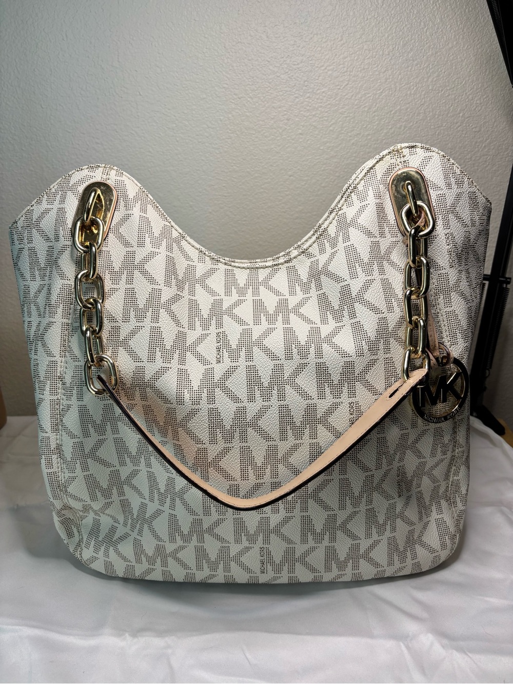 Michael Kors Cream and Gold Lily Large Logo Shoulder Tote